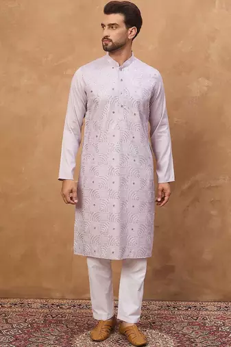 Men lavender silk blend solid embroidered straight kurta with pant set