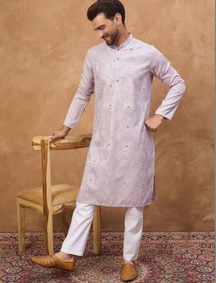 Men lavender silk blend solid embroidered straight kurta with pant set 3