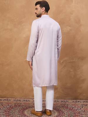 Men lavender silk blend solid embroidered straight kurta with pant set 4