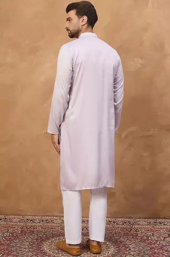 Men lavender silk blend solid embroidered straight kurta with pant set