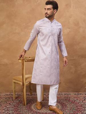 Men lavender silk blend solid embroidered straight kurta with pant set 5