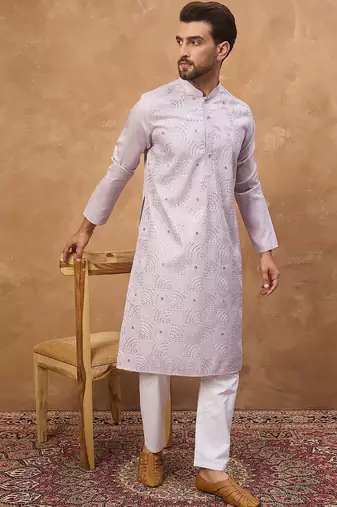 Men lavender silk blend solid embroidered straight kurta with pant set
