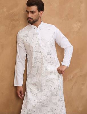 Men white silk blend solid embroidered straight kurta with pant set 1