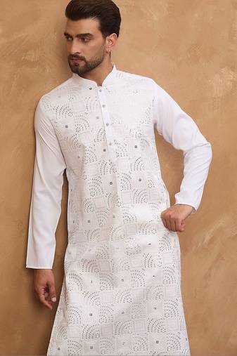 Men white silk blend solid embroidered straight kurta with pant set