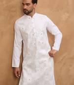 Men white silk blend solid embroidered straight kurta with pant set
