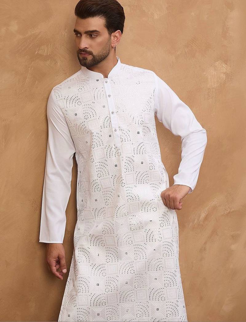 Men white silk blend solid embroidered straight kurta with pant set