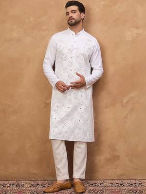 Men white silk blend solid embroidered straight kurta with pant set 2