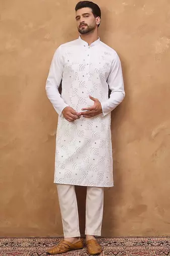 Men white silk blend solid embroidered straight kurta with pant set