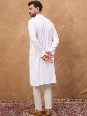 Men white silk blend solid embroidered straight kurta with pant set 3