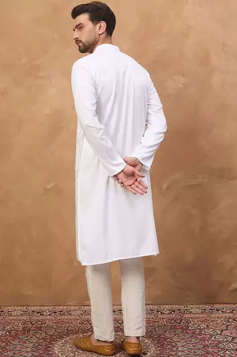 Men white silk blend solid embroidered straight kurta with pant set