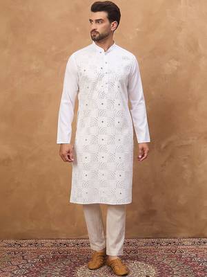 Men white silk blend solid embroidered straight kurta with pant set 4