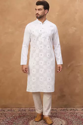 Men white silk blend solid embroidered straight kurta with pant set