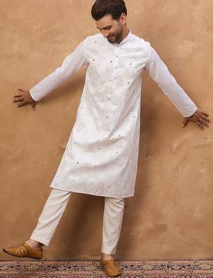 Men white silk blend solid embroidered straight kurta with pant set 5