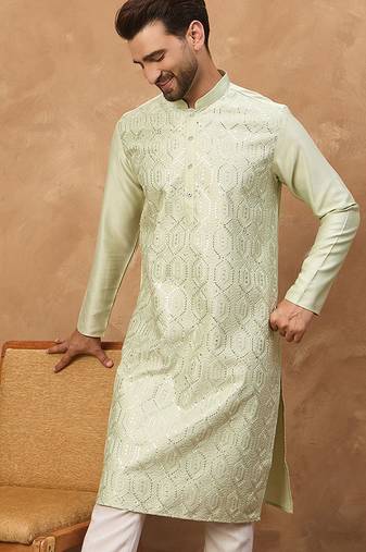 Men peach silk blend solid embroidered straight kurta with pant set