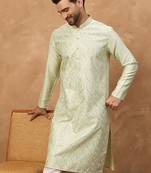 Men peach silk blend solid embroidered straight kurta with pant set