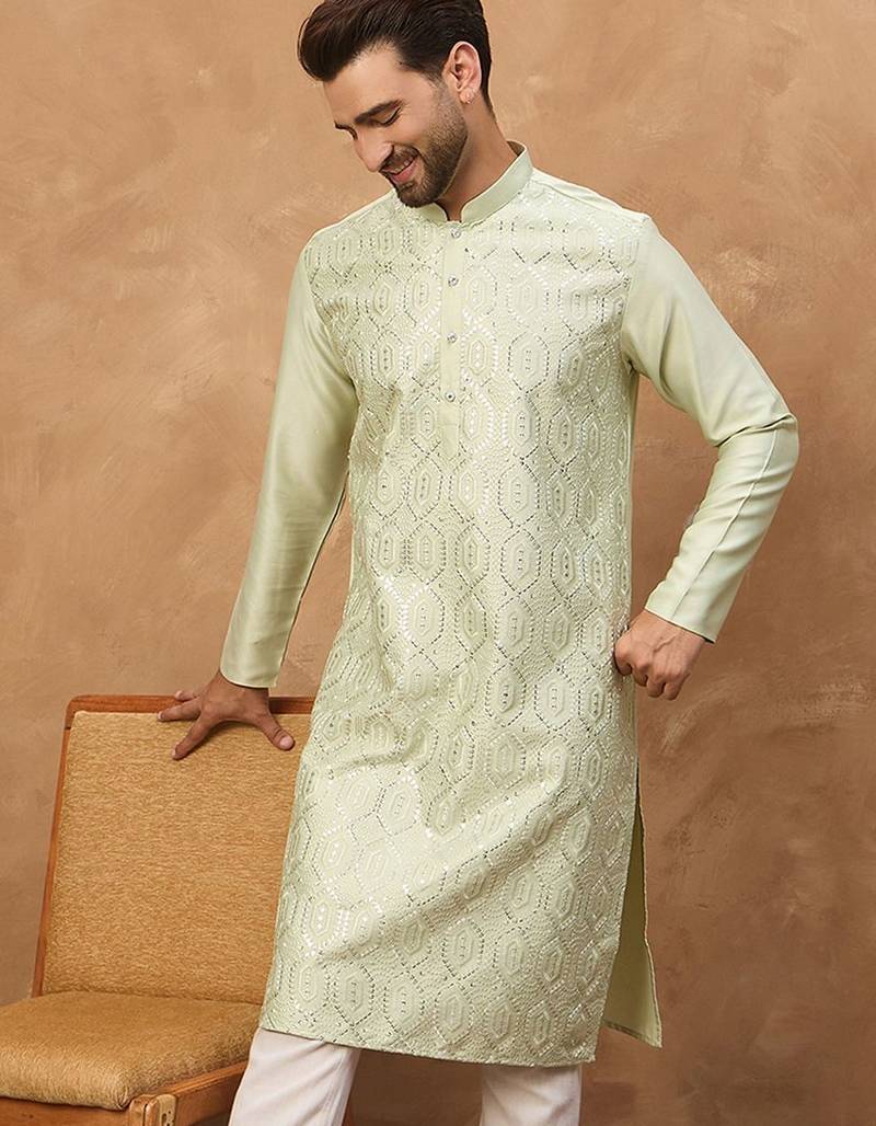 Men peach silk blend solid embroidered straight kurta with pant set
