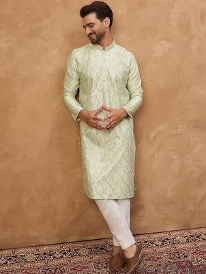 Men peach silk blend solid embroidered straight kurta with pant set 2