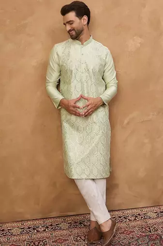 Men peach silk blend solid embroidered straight kurta with pant set