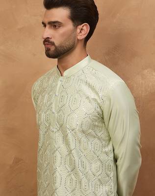 Men peach silk blend solid embroidered straight kurta with pant set 3