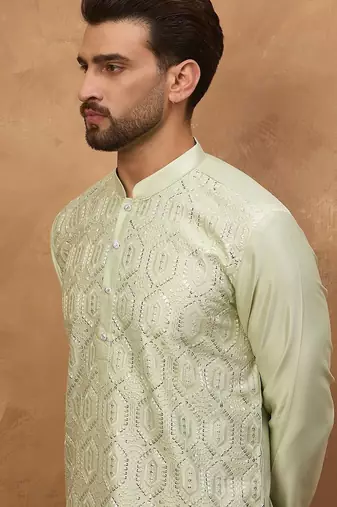 Men peach silk blend solid embroidered straight kurta with pant set