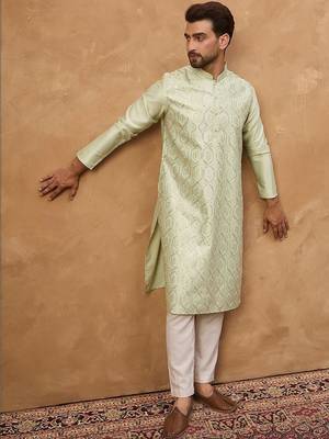Men peach silk blend solid embroidered straight kurta with pant set 4