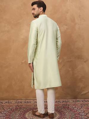 Men peach silk blend solid embroidered straight kurta with pant set 5