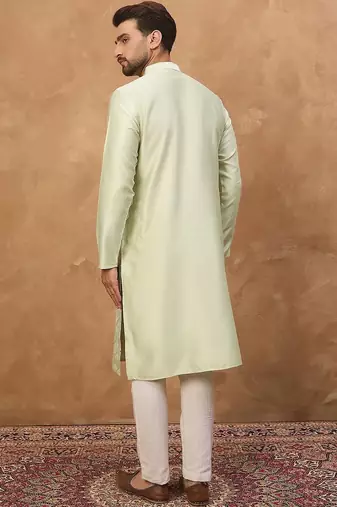 Men peach silk blend solid embroidered straight kurta with pant set