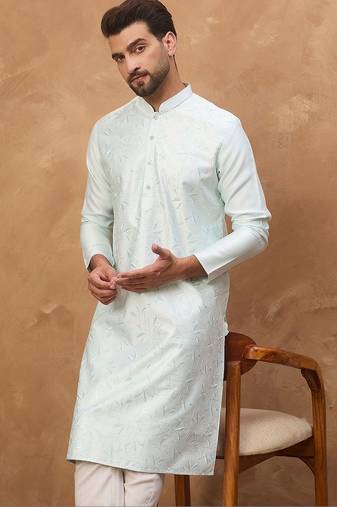 Men blue silk blend solid embroidered straight kurta with pant set