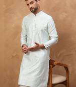 Men blue silk blend solid embroidered straight kurta with pant set