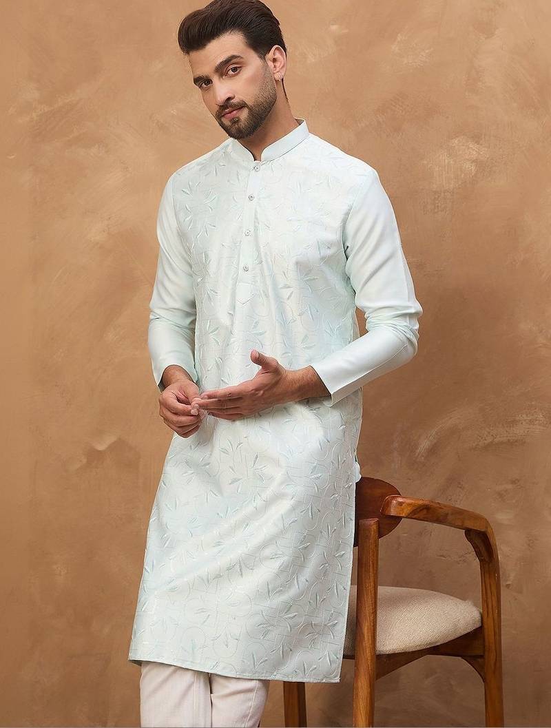 Men blue silk blend solid embroidered straight kurta with pant set