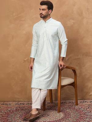 Men blue silk blend solid embroidered straight kurta with pant set 2