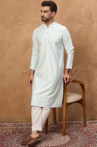 Men blue silk blend solid embroidered straight kurta with pant set