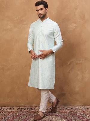 Men blue silk blend solid embroidered straight kurta with pant set 3