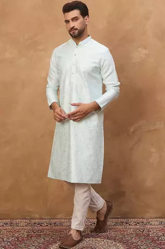 Men blue silk blend solid embroidered straight kurta with pant set