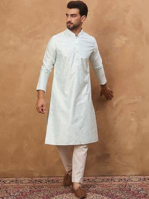 Men blue silk blend solid embroidered straight kurta with pant set 4