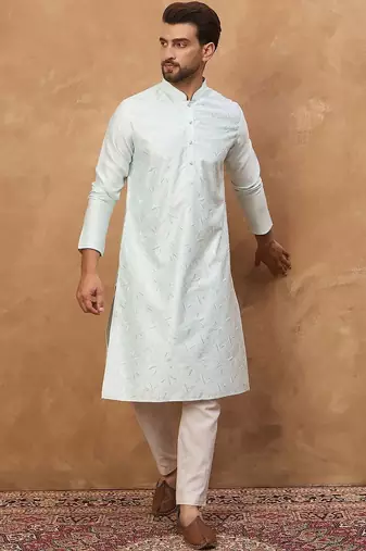 Men blue silk blend solid embroidered straight kurta with pant set