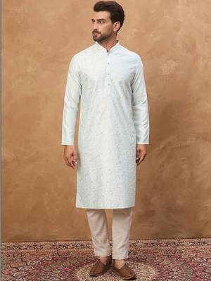 Men blue silk blend solid embroidered straight kurta with pant set 5