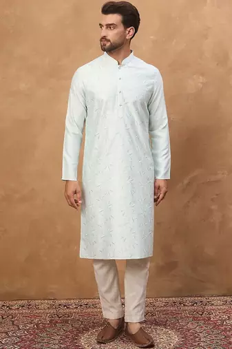 Men blue silk blend solid embroidered straight kurta with pant set