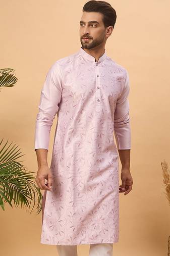Men lavender silk blend solid embroidered straight kurta with pant set