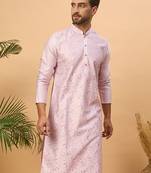 Men lavender silk blend solid embroidered straight kurta with pant set