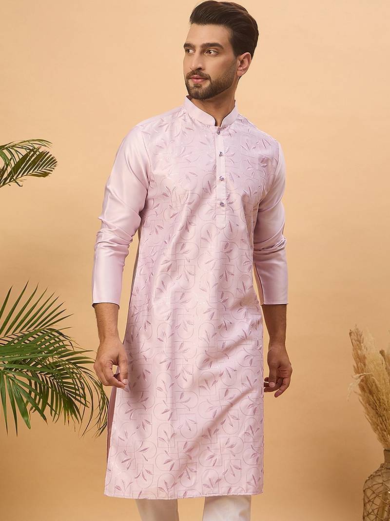 Men lavender silk blend solid embroidered straight kurta with pant set