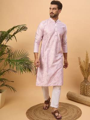 Men lavender silk blend solid embroidered straight kurta with pant set 2