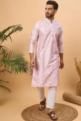 Men lavender silk blend solid embroidered straight kurta with pant set