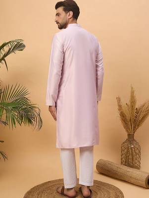 Men lavender silk blend solid embroidered straight kurta with pant set 3