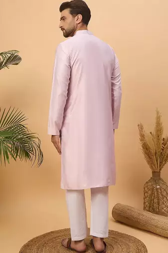 Men lavender silk blend solid embroidered straight kurta with pant set