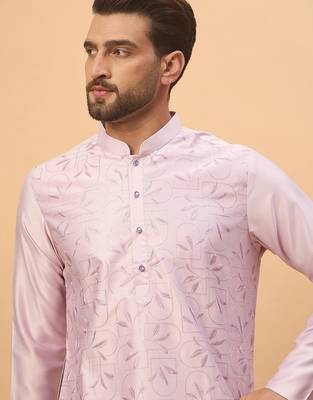 Men lavender silk blend solid embroidered straight kurta with pant set 4
