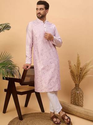 Men lavender silk blend solid embroidered straight kurta with pant set 5