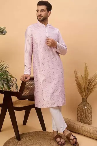 Men lavender silk blend solid embroidered straight kurta with pant set
