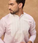 Men lavender silk blend solid embroidered straight kurta with pant set
