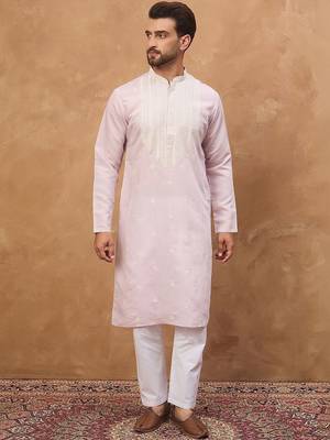 Men lavender silk blend solid embroidered straight kurta with pant set 2